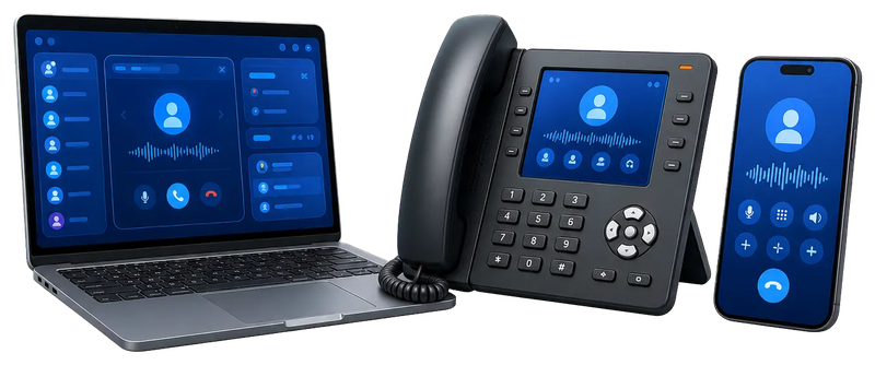 Computador, telefone IP e celular conectados